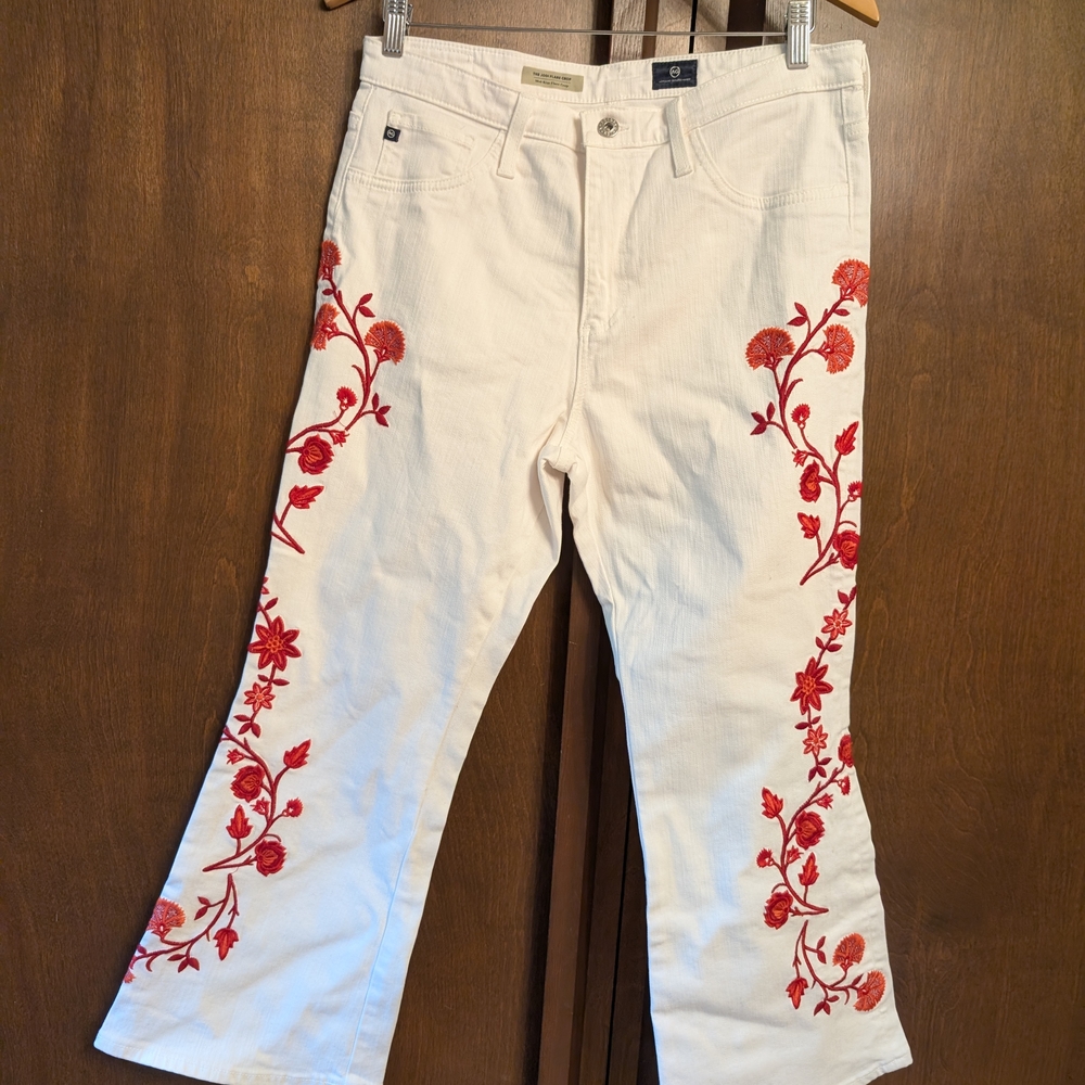 Ag Adriano Goldschmied White and Red Flare Jeans with Floral Embroidery